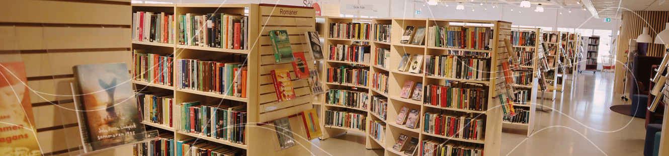 Bilden visar en vy inifrån huvudbiblioteket i Finspång, med fokus på böcker i olika hyllsektioner.